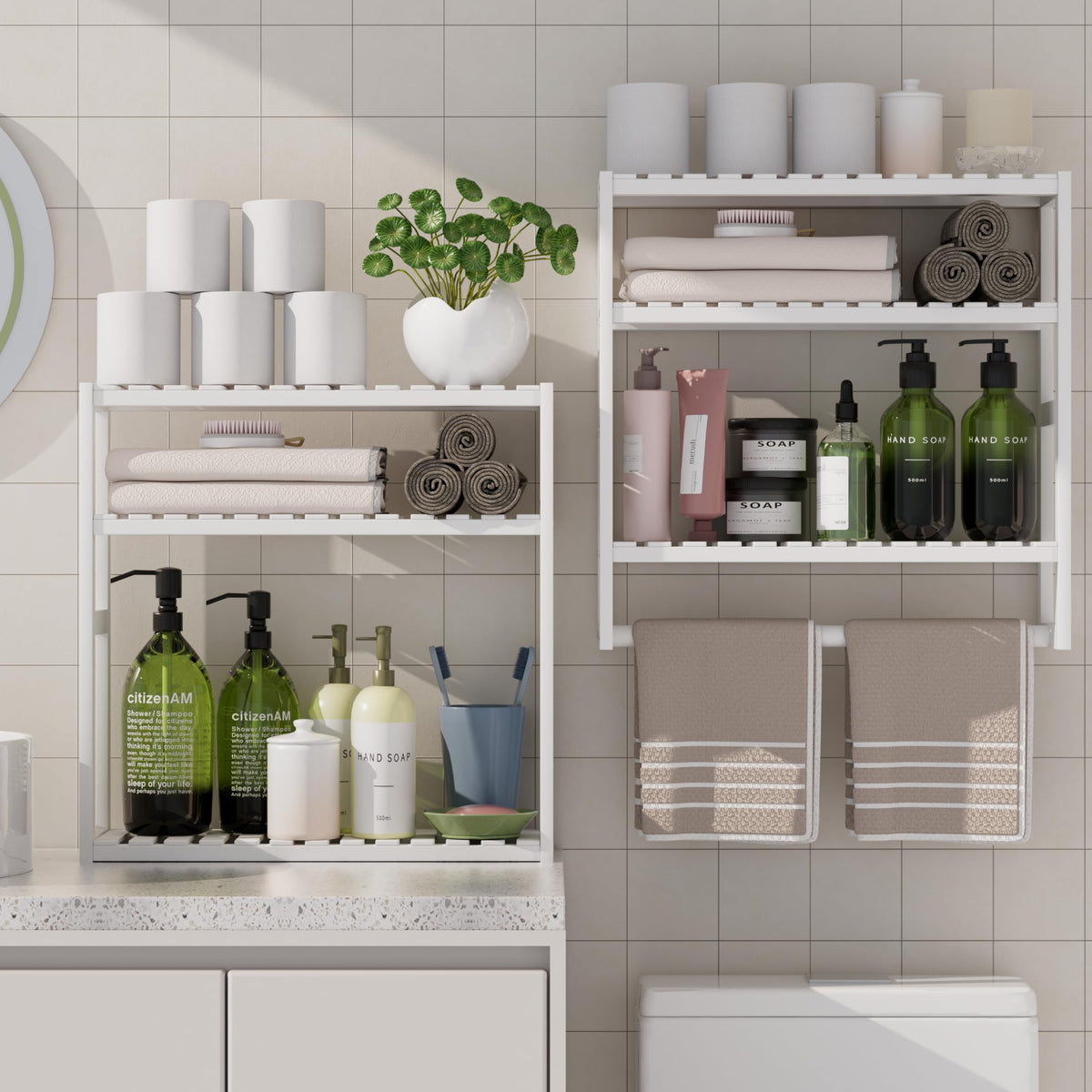 PPN 100% Bamboo Towel Rack Bathroom Storage Shelves Over Toilet Towel Bar