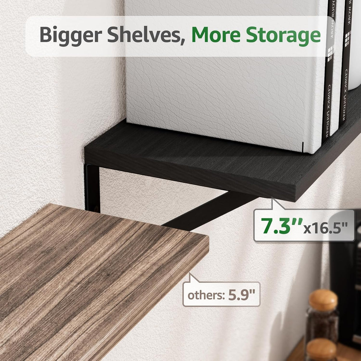 COCOYA Wall Shelves 7.3" Deep Solid Paulownia Wood (Black, Set of 2)