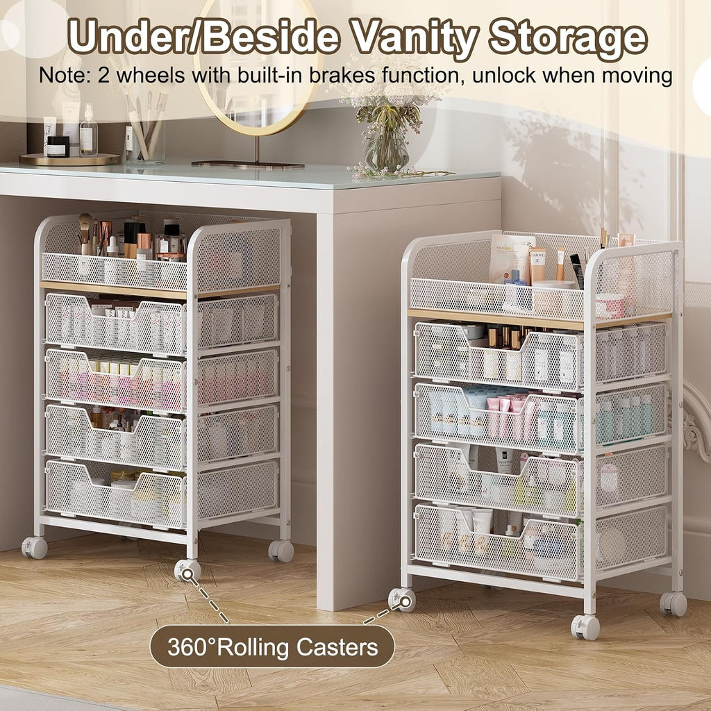 Hongtamoya Makeup Cart Organizer with 4 Drawers, Rolling Makeup Cart, White