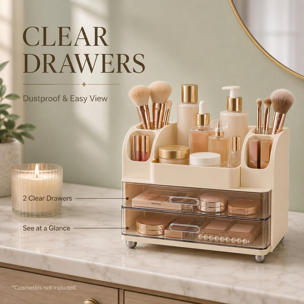 ROOM127 Makeup Organizer for Vanity with 2 Clear Drawers and Brush Holders
