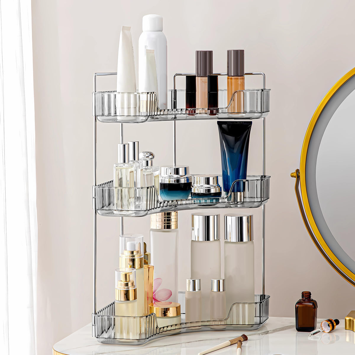 Corner Bathroom Counter Organizer Bathroom Countertop Shelf Makeup Organizer for Vanity Perfume Tray for Corner Storage (2 Tiers, Blue)