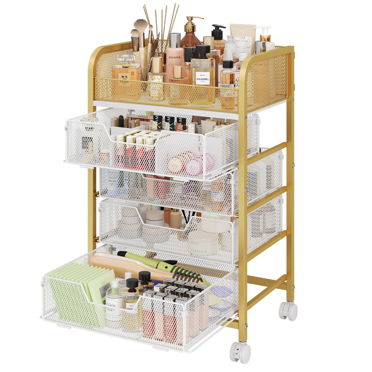 Hongtamoya Makeup Cart Organizer with 4 Drawers, Rolling Makeup Cart, White