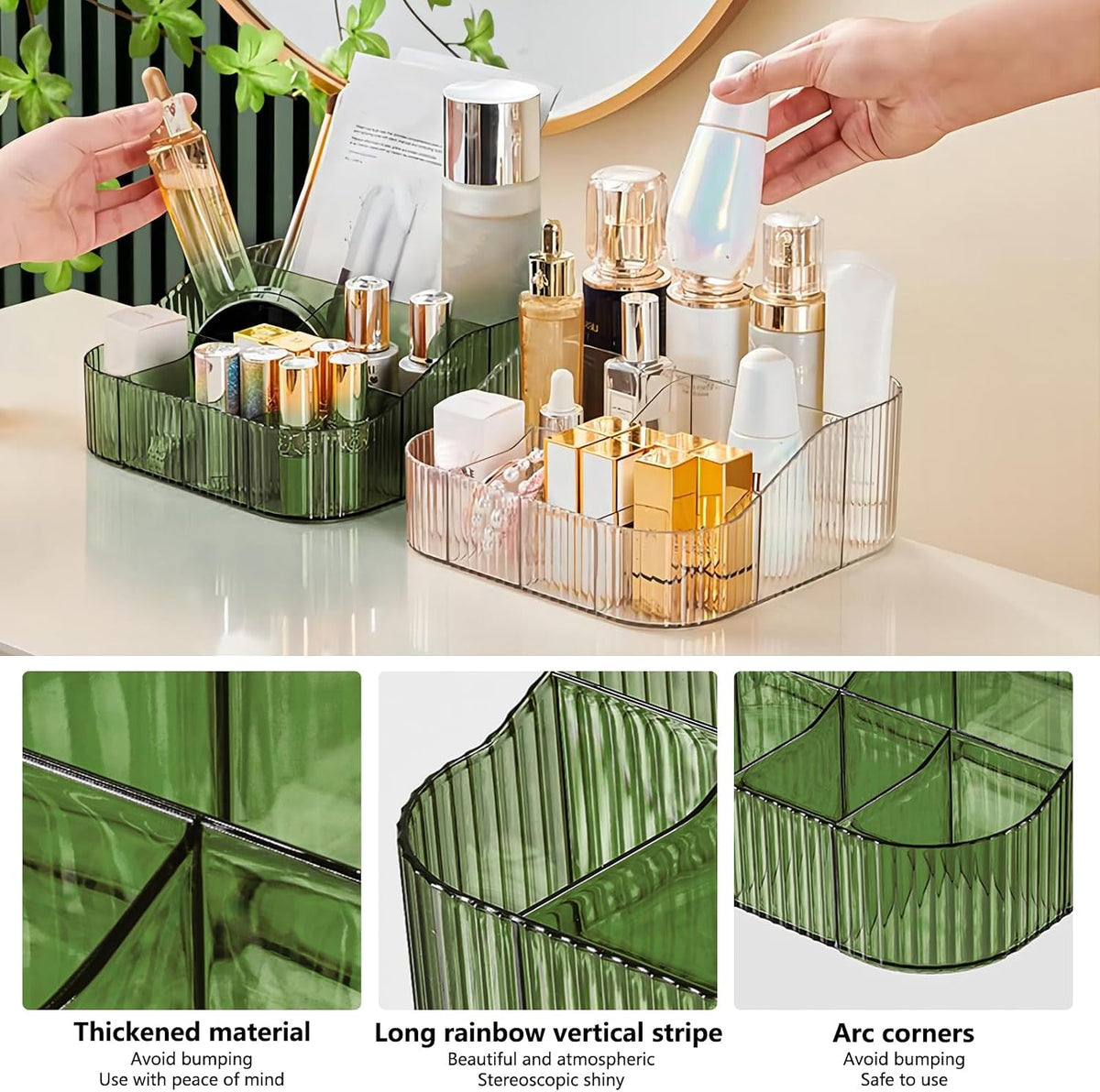 DASITON Large Capacity Makeup Brush Holder,8 Slot Makeup Brush Cup,Vintage striped Make Up Brush Holder,for Vanity Decor,Bathroom Countertops,Desk Storage Container,Cosmetic Display cases(Green-XL)