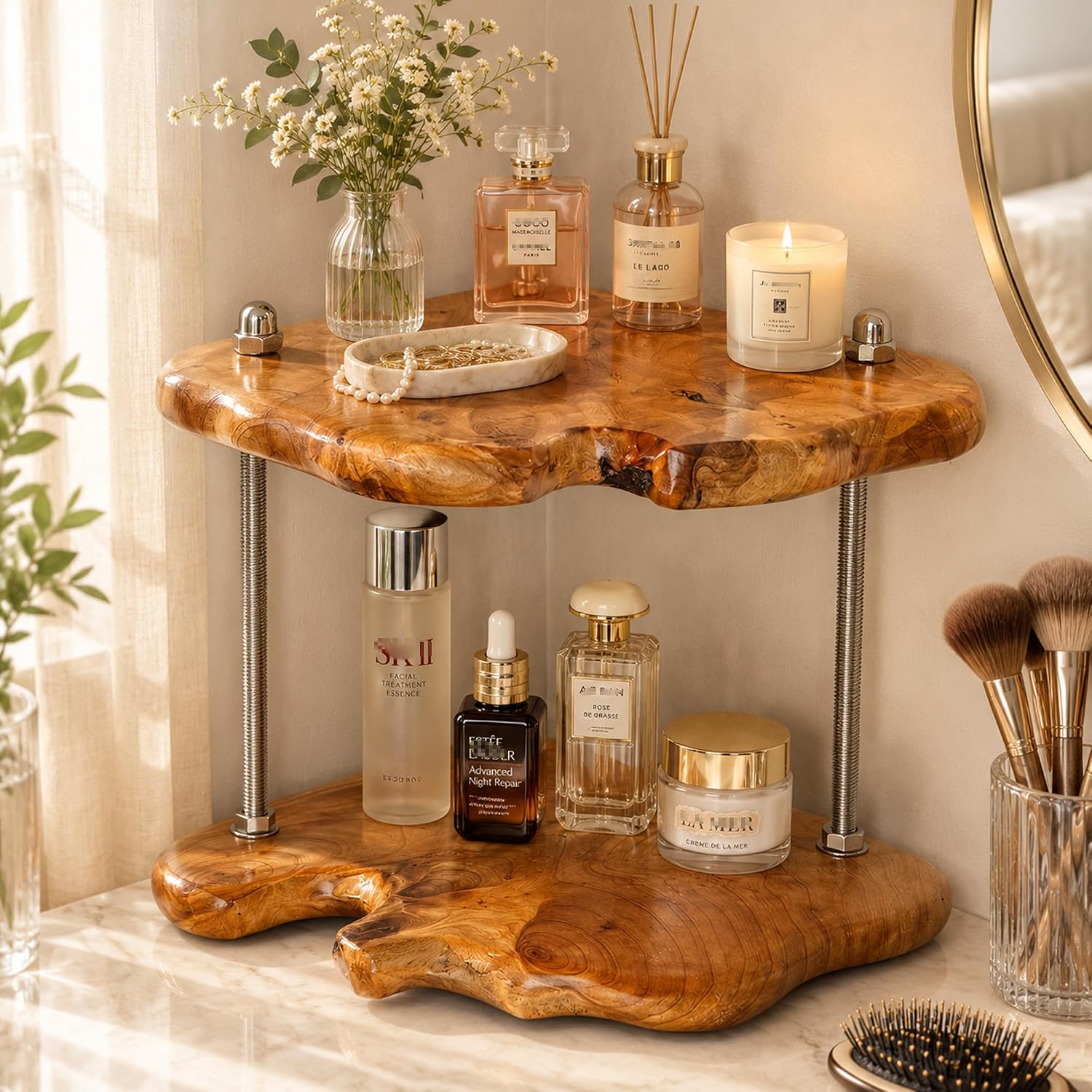 2-Tier Counter Corner Shelf ,Counter Corner Organizer,Natiral Edge Cedar Wood Bathroom Counter Organizer for Vanity Countertop Storage and Organization for Bathroom Kitchen Coffee Area, Over Sink