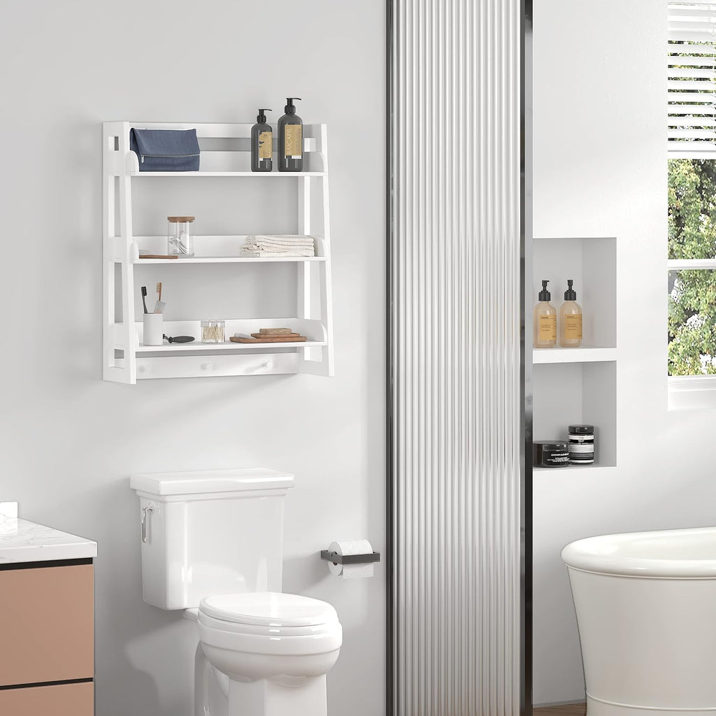 UTEX Bathroom Wall Shelf, 3-Tier Wall-Mounted Organizer with Hooks, White
