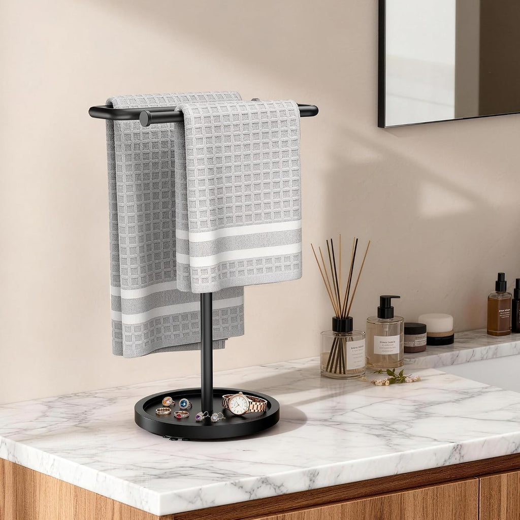 Aetyord S-Shape Countertop Towel Holder - Height Adjustable for Bathroom/Kitchen/RV | Rustproof Metal & Wood Base All Black