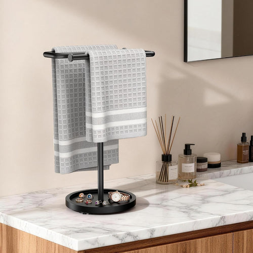 Aetyord S-Shape Countertop Towel Holder - Height Adjustable for Bathroom/Kitchen/RV | Rustproof Metal & Wood Base All Black