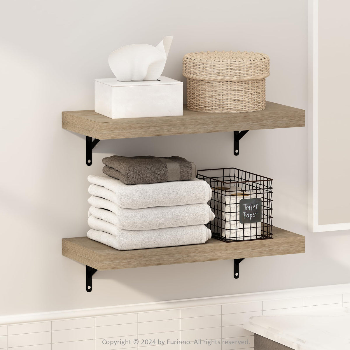 Furinno Tanna Floating Shelves for Wall Set of 2, 15-Inch Bathroom Wall Shelf, Wall Mounted Shelf, for Bathroom Organizers and Storage, Living Room, White Texture