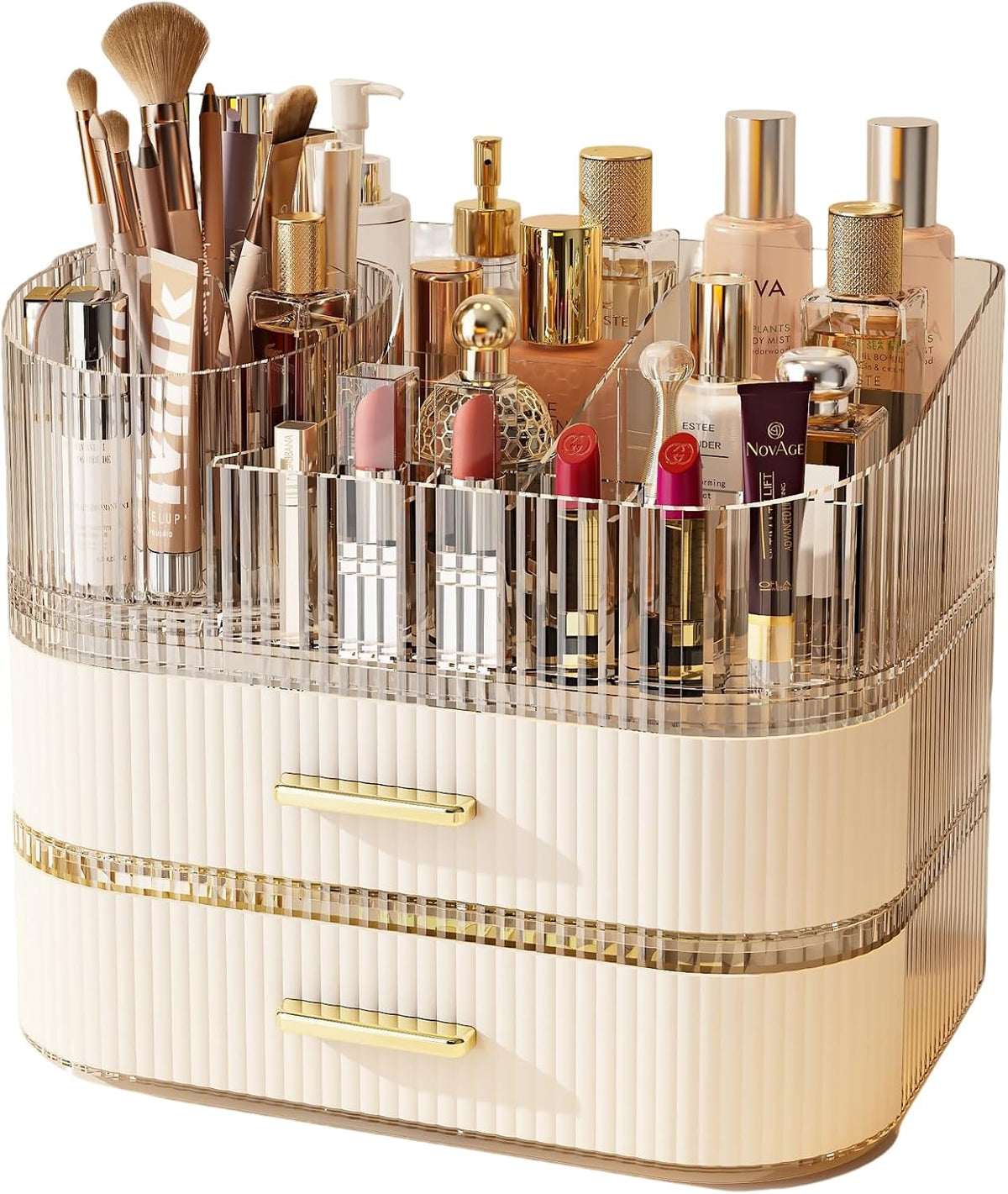 Makeup Organizer with 360 Rotating Brush Holder and Stackable Drawers, Cosmetic Display Case for Vanity, Bathroom Countertop (White, 3 Layer)