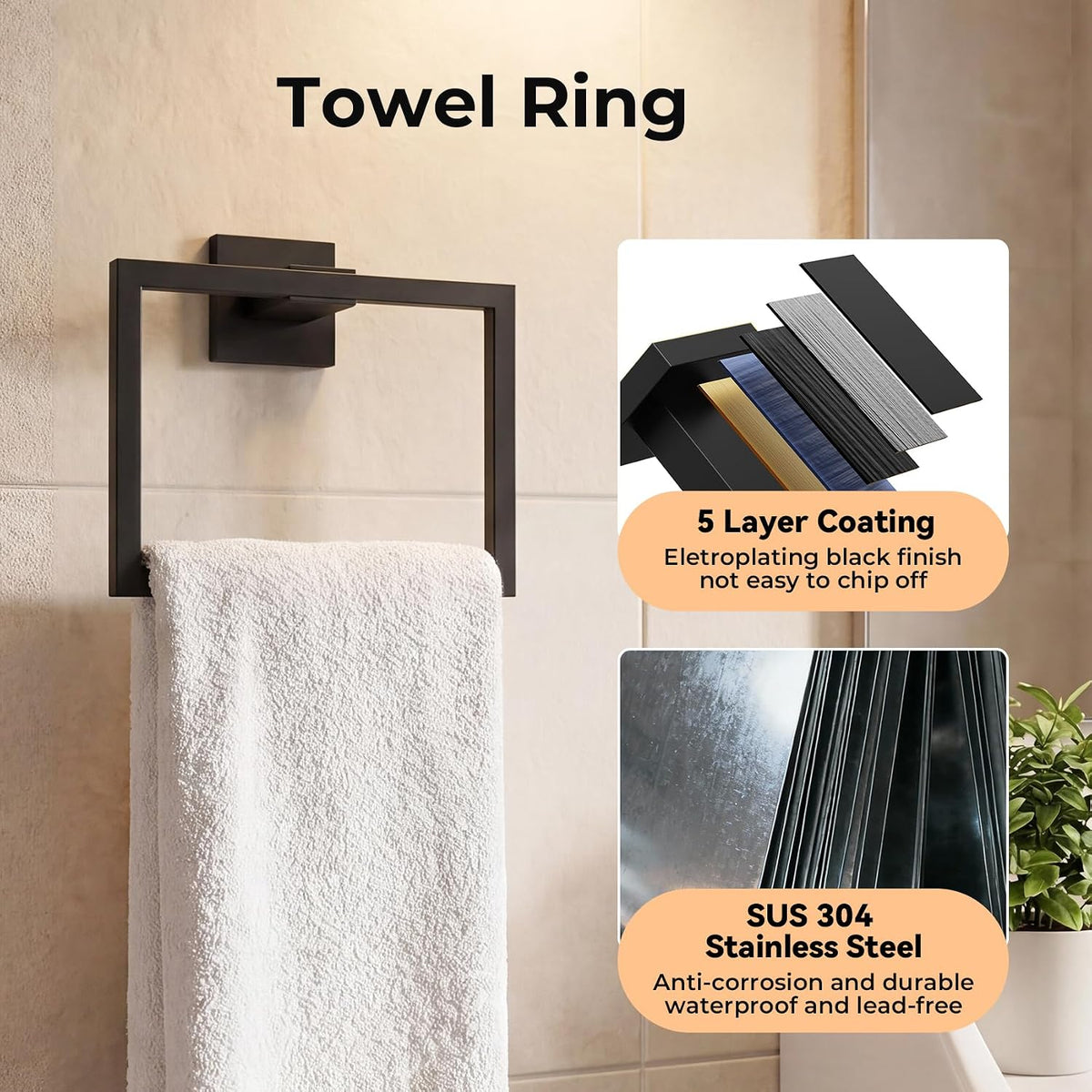 5-Piece Bathroom Hardware Set, 23.6 Inch Towel Bar Set SUS304 Stainless Steel Towel Racks for Bathroom Round Towel Bar, Towel Ring, Toilet Paper Holder, 2 Robe Hooks, Wall Mounted (Black)