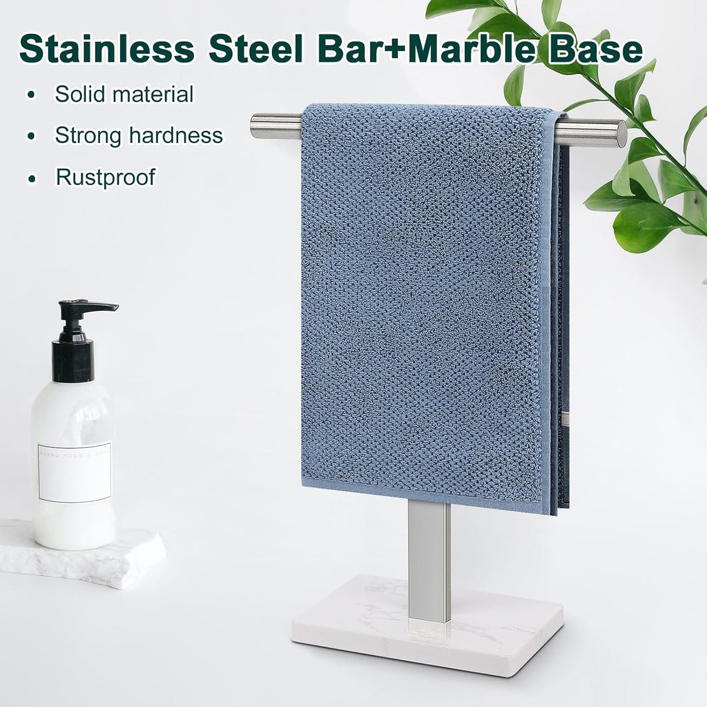 Hand Towel Holder, T-Shape Hand Towel Stand for Bathroom, Hand Towel Rack Bar Standing for Vanity Kitchen Countertop, 304 Stainless Steel (Marble Base, Brushed)