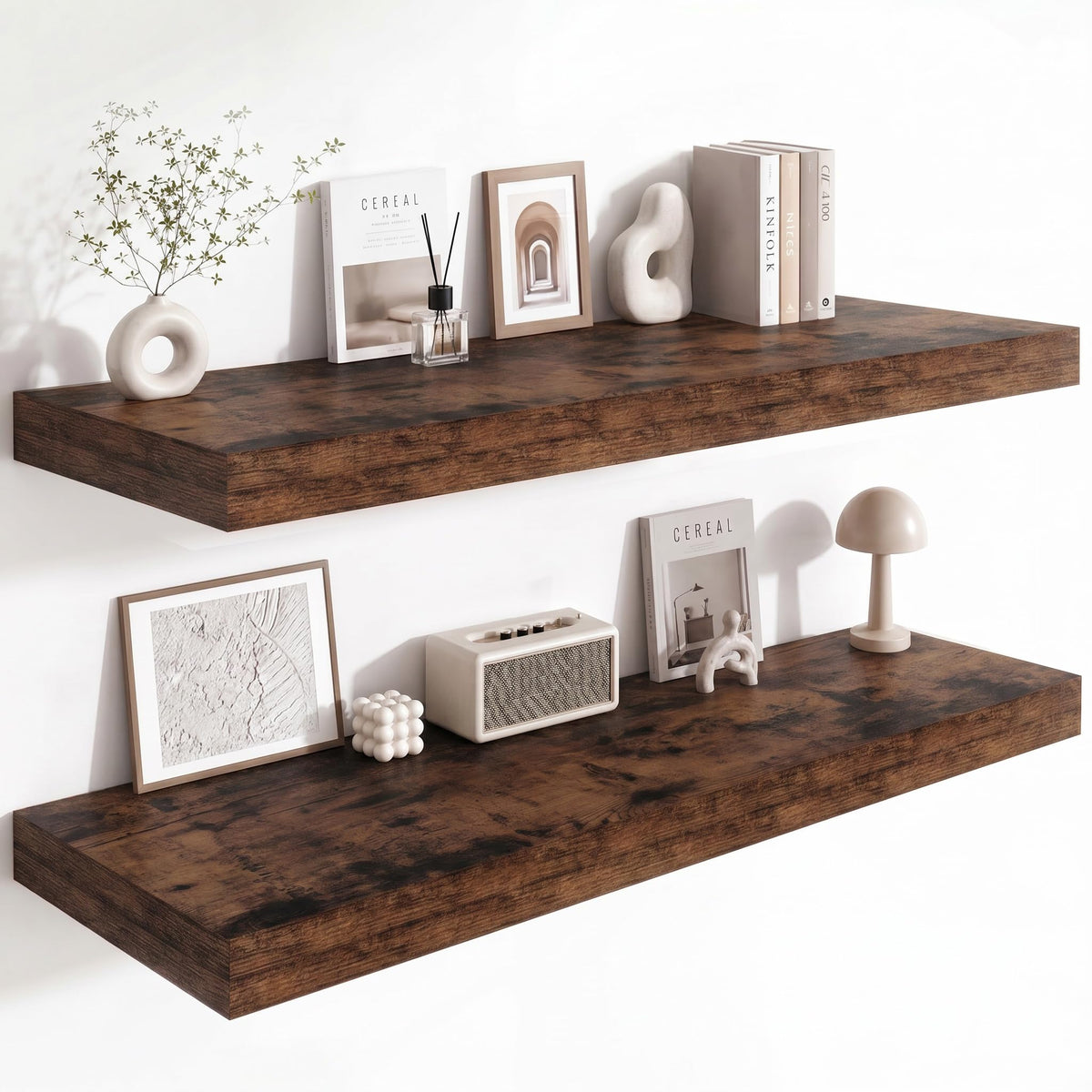 Deep Floating Shelves for Wall, 12 Inch Wide Small Wall Shelves Set of 2, 2 Inch Thick Invisible Wall Mounted Shelves for Bathroom Bedroom Nursery,Walnut Color