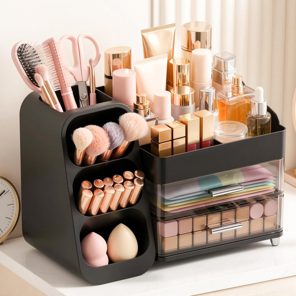 Large Capacity Makeup Organizer Countertop with Makeup Brush Holder for Vanity, Thickened Material, Bathroom Countertop Organizer Skin Care Perfumes Storage, Teen Girl Gifts for 12-23 Year（white）