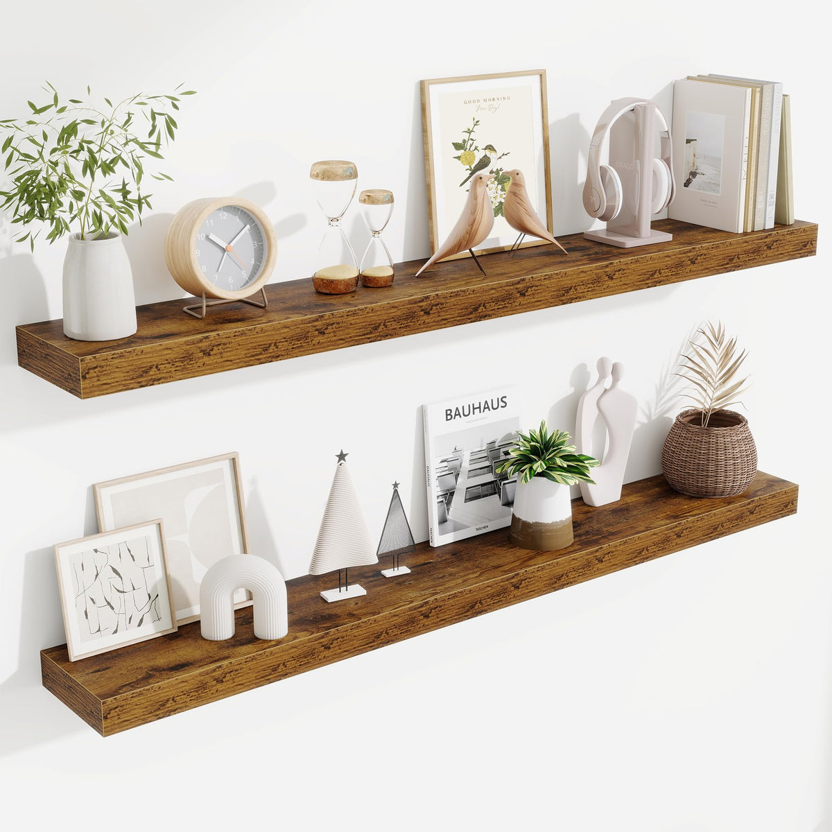 Fun Memories Floating Shelves Bathroom for Wall Mounted Shelves, 20 Inch Wood Shelf Set of 2, Home Storage & Display Decor, Walnut