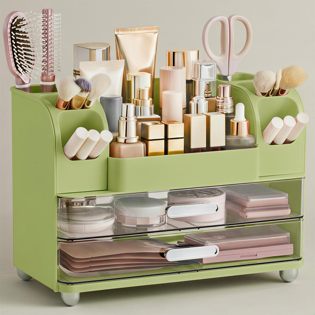 HBlife Makeup Organizer for Vanity with Brush Holder, Large Bathroom Countertop Cosmetic Organizer Skin Care Storage, Easy to Store Lipsticks, Nail Polishes, Perfumes, Eyeshadow Palettes, All White