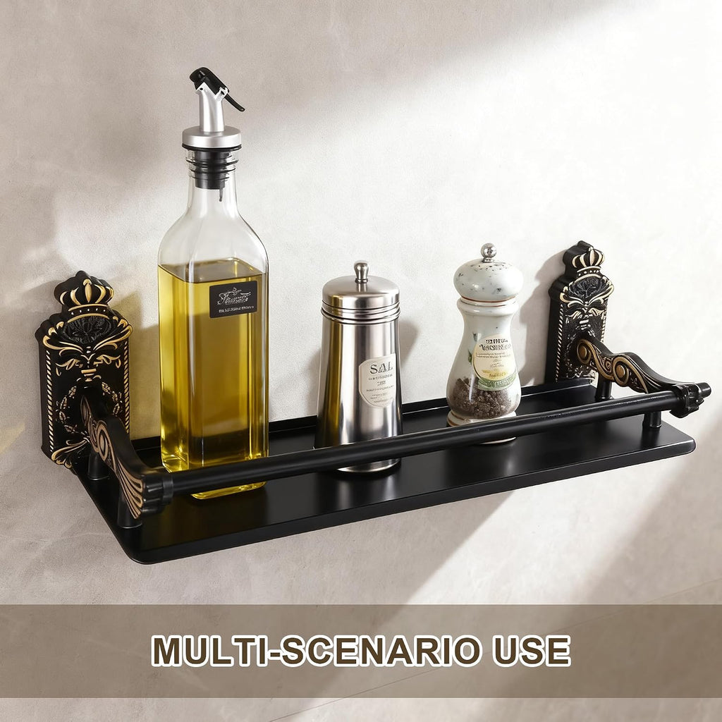 Vintage Bathroom Shelves Wall Mounted with Metal Railing ，Storage Shelves for Bathroom, Kitchen, Living Room & Bedroom (Antique Black, 15.7 Inches)
