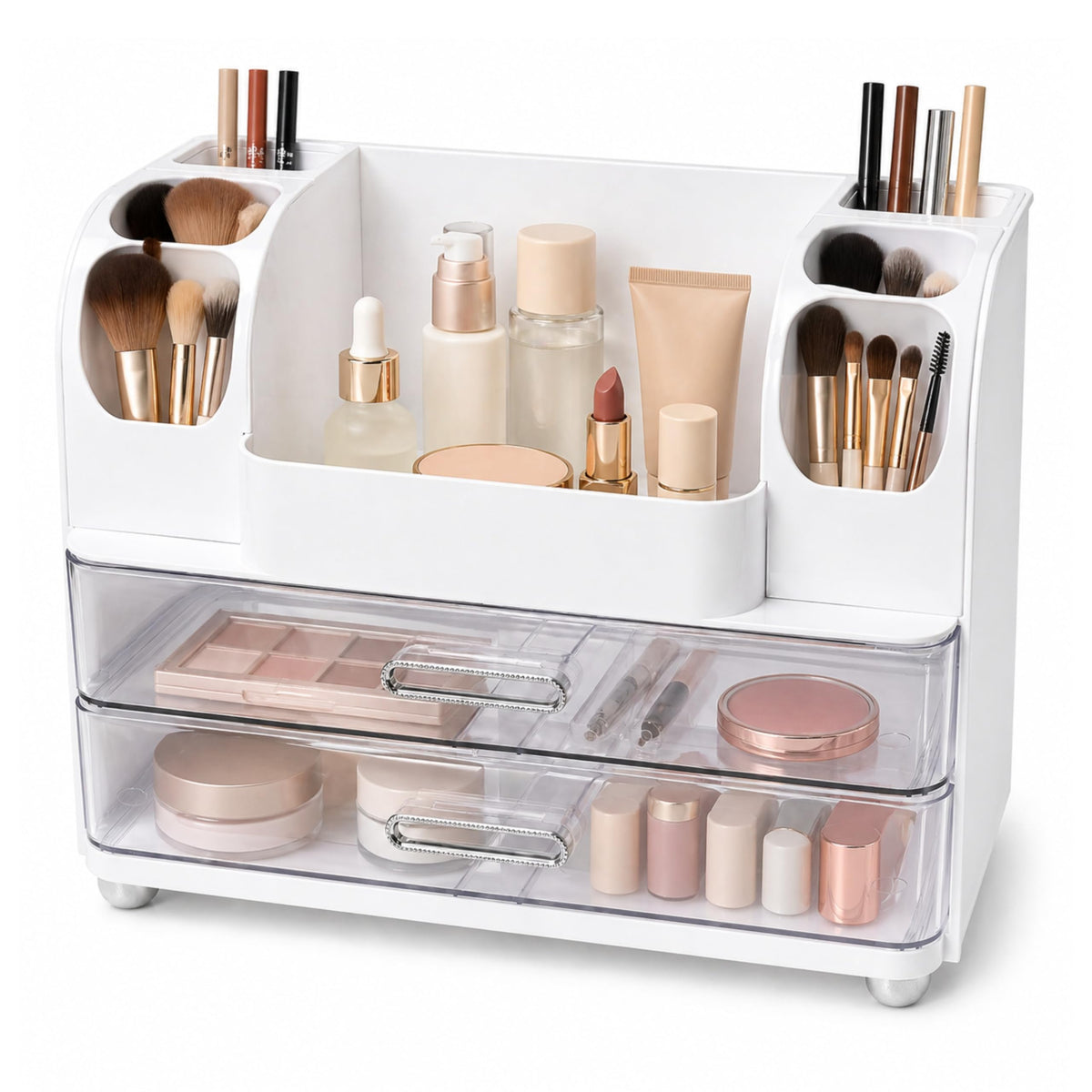 ROOM127 Makeup Organizer for Vanity with 2 Clear Drawers and Brush Holders
