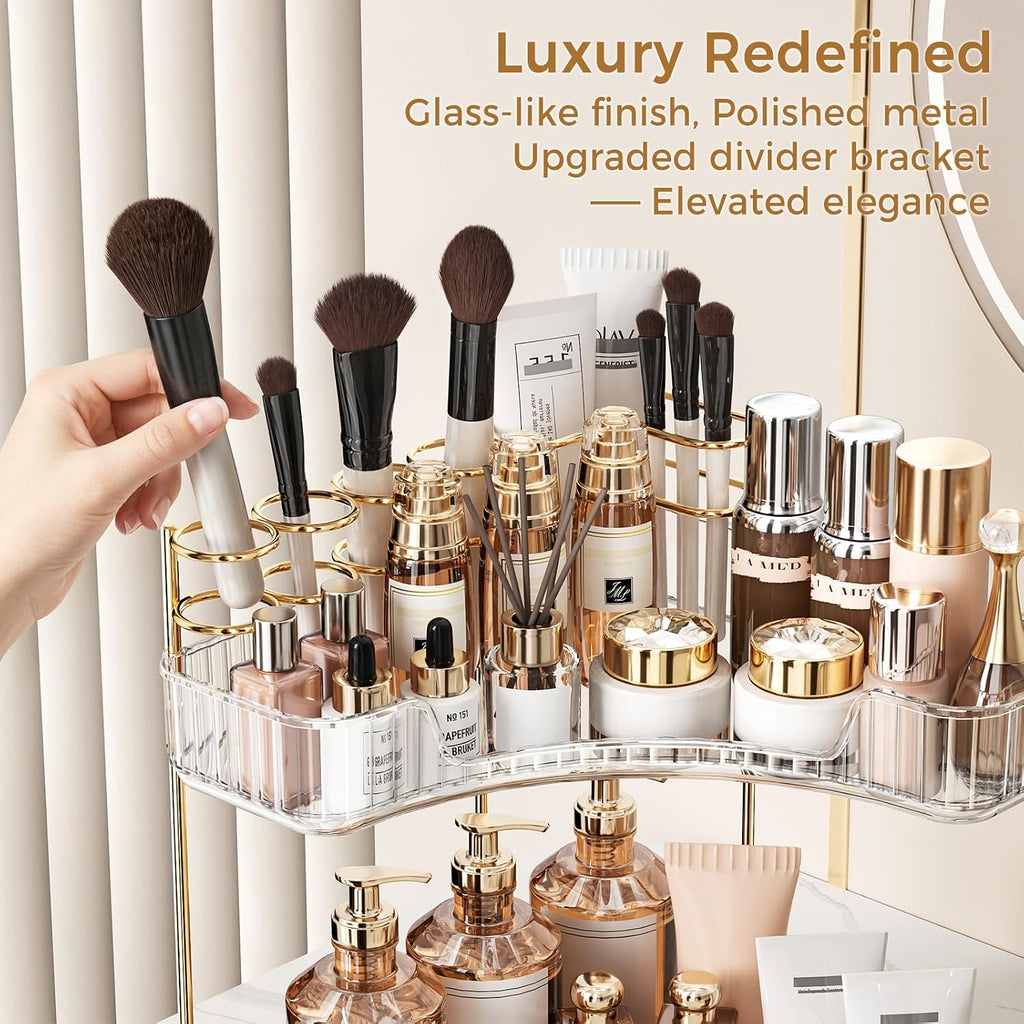BEFSOP Corner Bathroom Counter Organizer, Upgraded 3-Tier Makeup Organizer Countertop with Makeup Brush Holder, Skincare Exquisite Vanity Organizers Countertop Bathroom Storage Dresser(CLEAR)