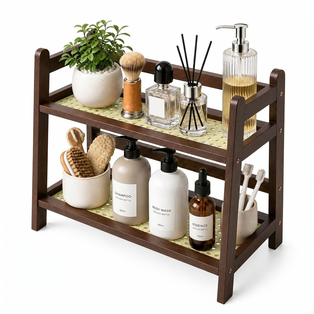 Rattan-Look Bathroom Counter Organizer, Countertop Shelf for Bathroom Decor