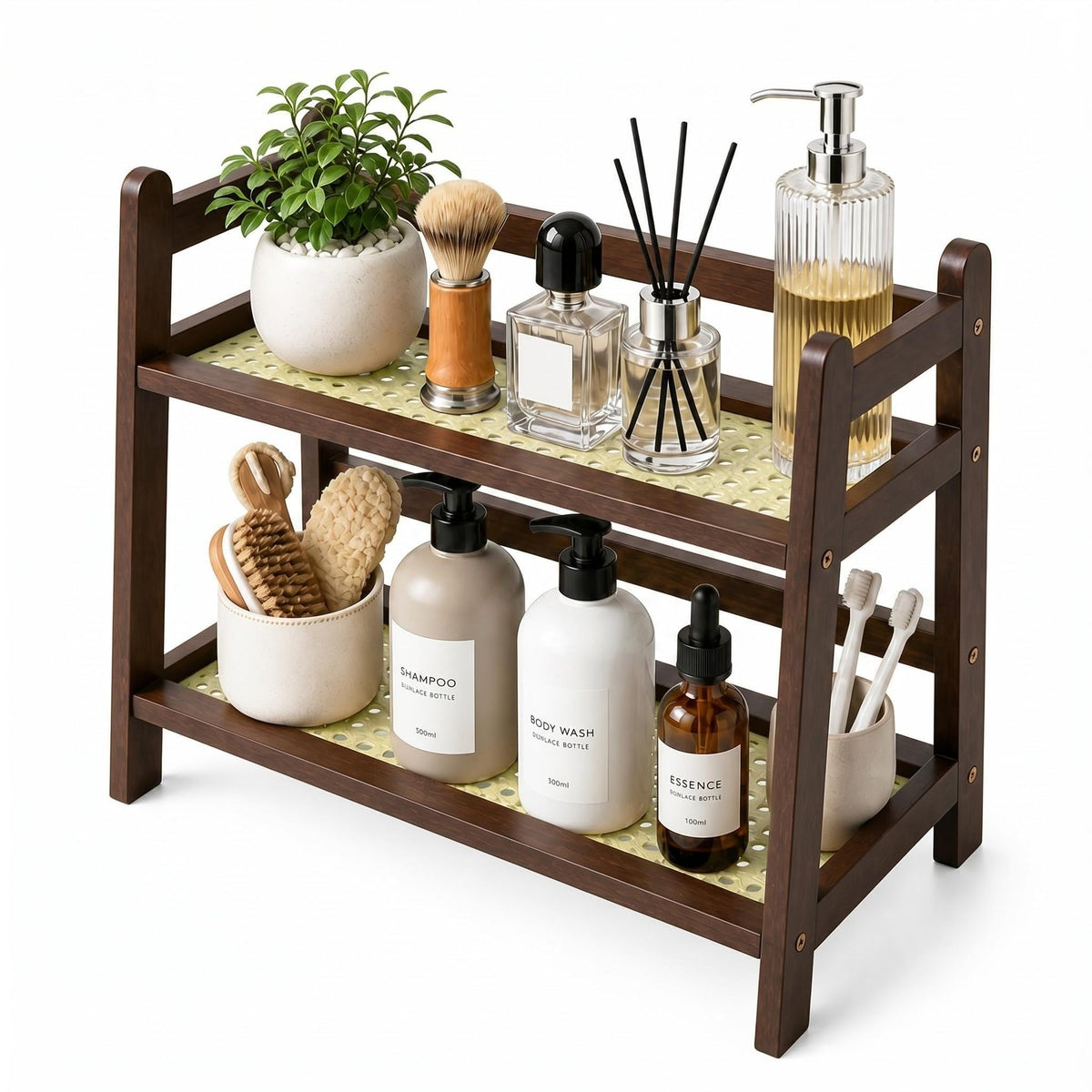 Rattan-Look Bathroom Counter Organizer, Countertop Shelf for Bathroom Decor