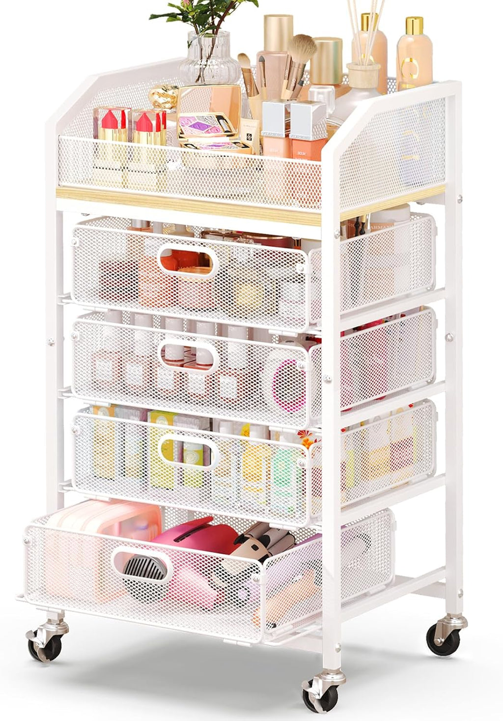 Goovilla Rolling Makeup Organizer Cart with Drawers, 5 Tier Metal, White