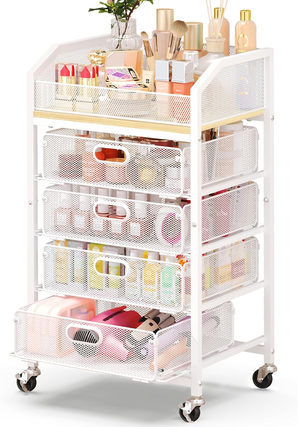 Goovilla Rolling Makeup Organizer Cart with Drawers, 5 Tier Metal, White