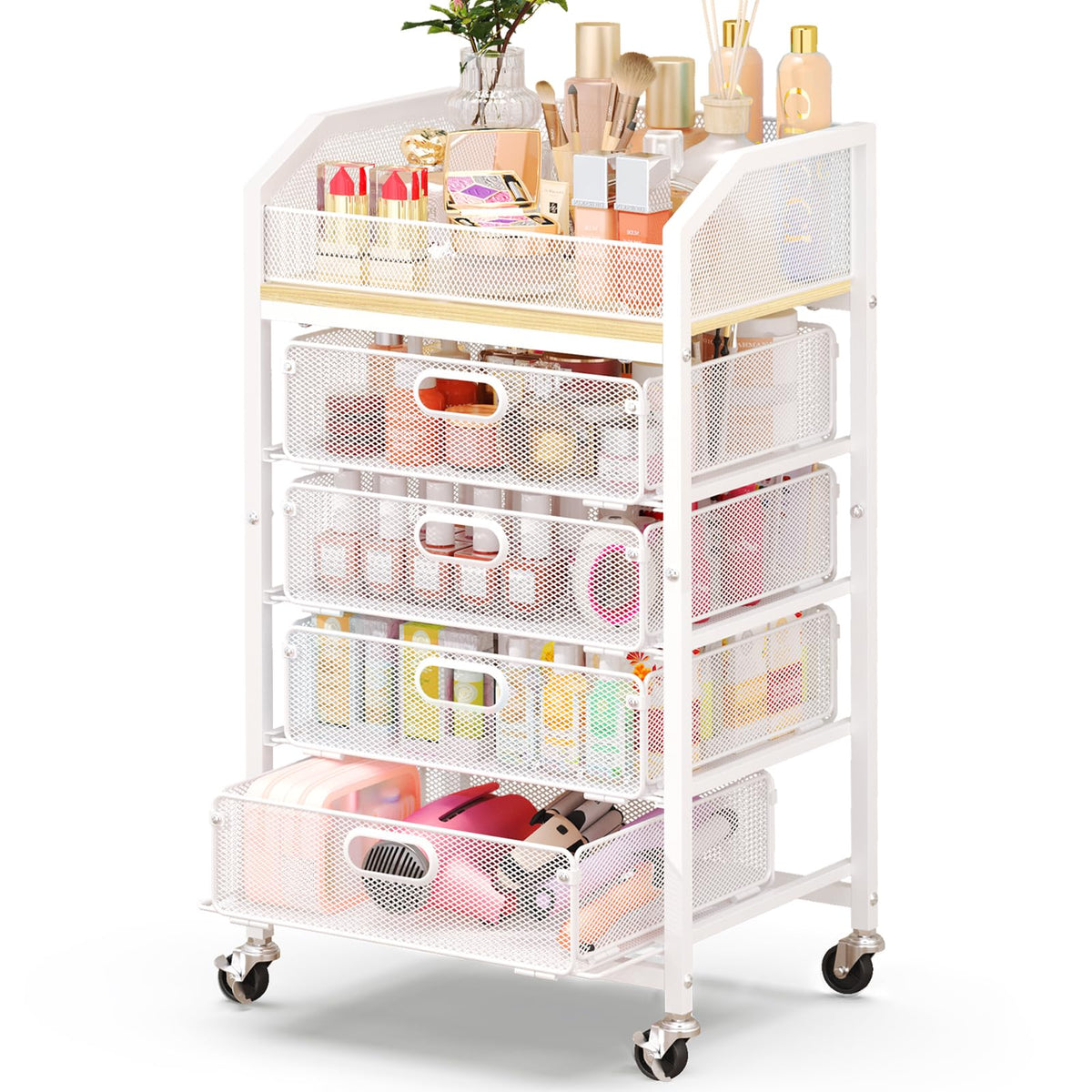 Goovilla Rolling Makeup Organizer Cart with Drawers, 5 Tier Metal, White