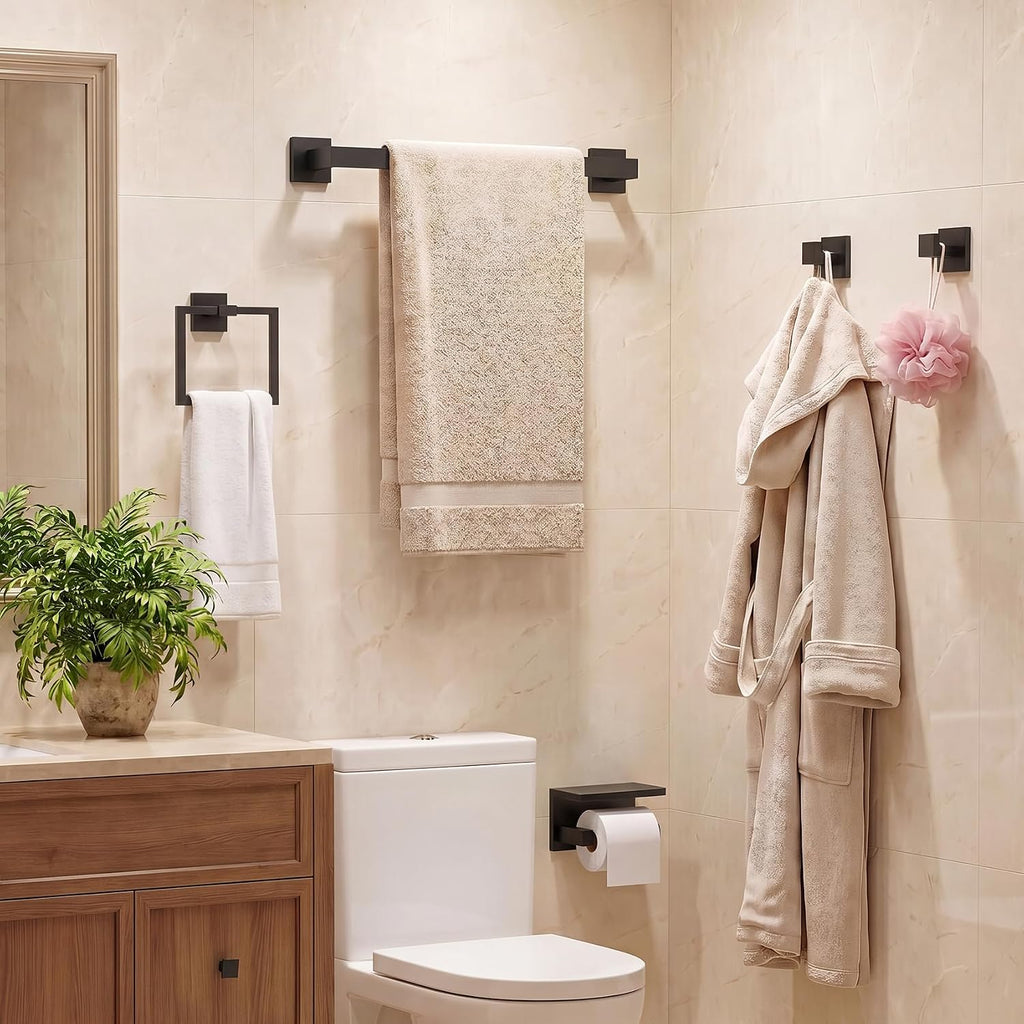 5-Piece Bathroom Hardware Set, 23.6 Inch Towel Bar Set SUS304 Stainless Steel Towel Racks for Bathroom Round Towel Bar, Towel Ring, Toilet Paper Holder, 2 Robe Hooks, Wall Mounted (Black)