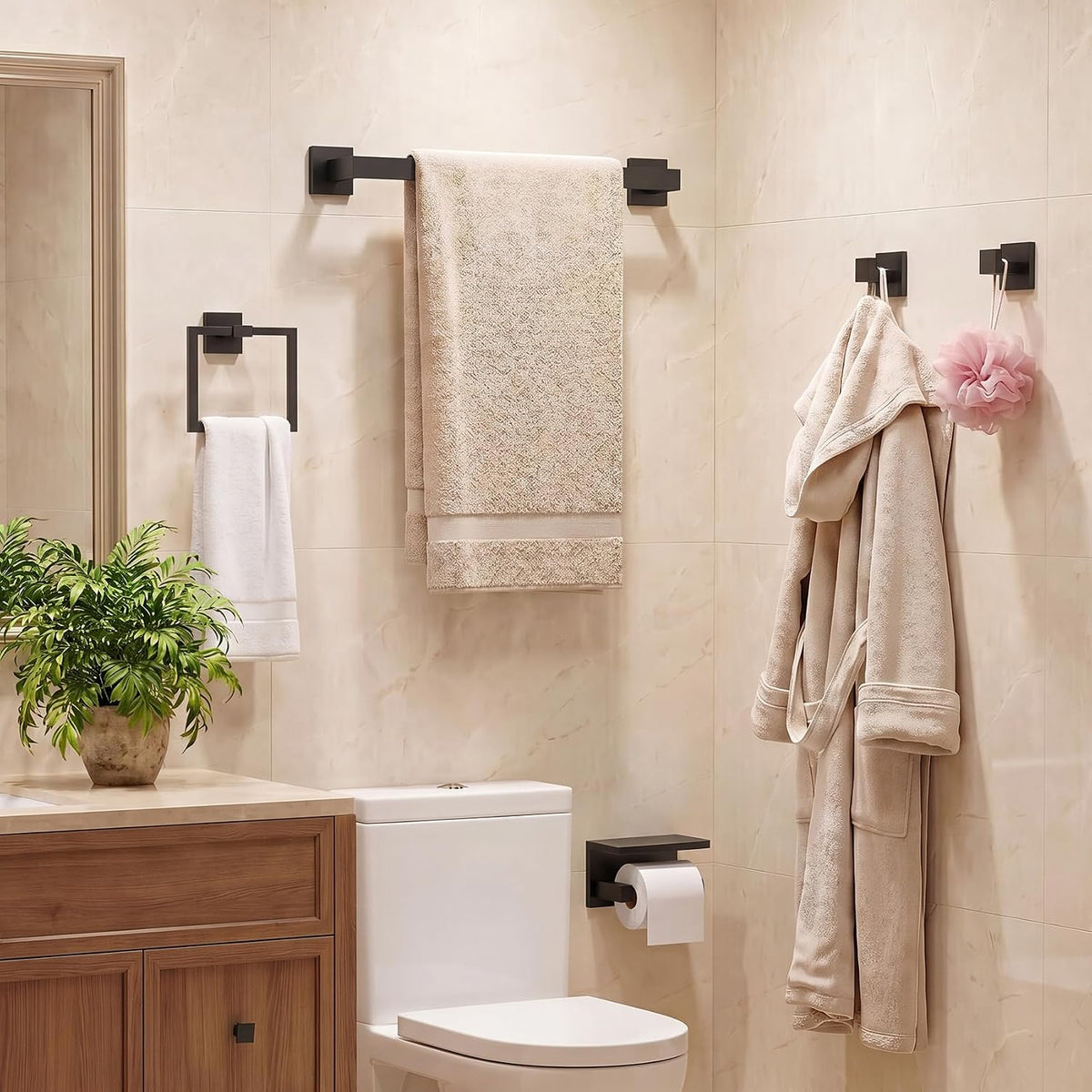 5-Piece Bathroom Hardware Set, 23.6 Inch Towel Bar Set SUS304 Stainless Steel Towel Racks for Bathroom Round Towel Bar, Towel Ring, Toilet Paper Holder, 2 Robe Hooks, Wall Mounted (Black)
