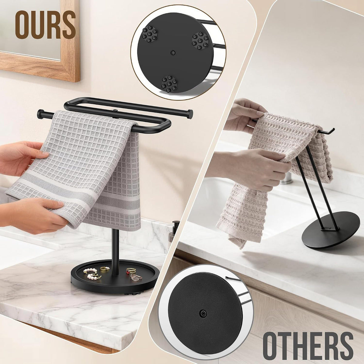 Aetyord S-Shape Countertop Towel Holder - Height Adjustable for Bathroom/Kitchen/RV | Rustproof Metal & Wood Base All Black