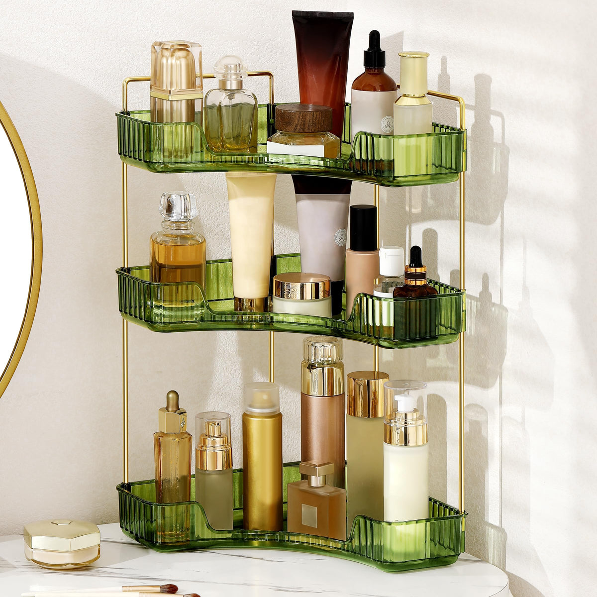 Corner Bathroom Counter Organizer Bathroom Countertop Shelf Makeup Organizer for Vanity Perfume Tray for Corner Storage (2 Tiers, Blue)