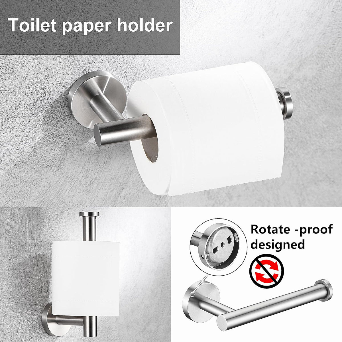6 Pieces Brushed Nickel Bathroom Hardware Accessories Set Hand Towel Ring 16&23.6 inch Round Towel Bar Silver Toilet Paper Holder Towel Hooks 2 Pieces SUS 304 Stainless Steel,Heavy Duty,Wall Mounted