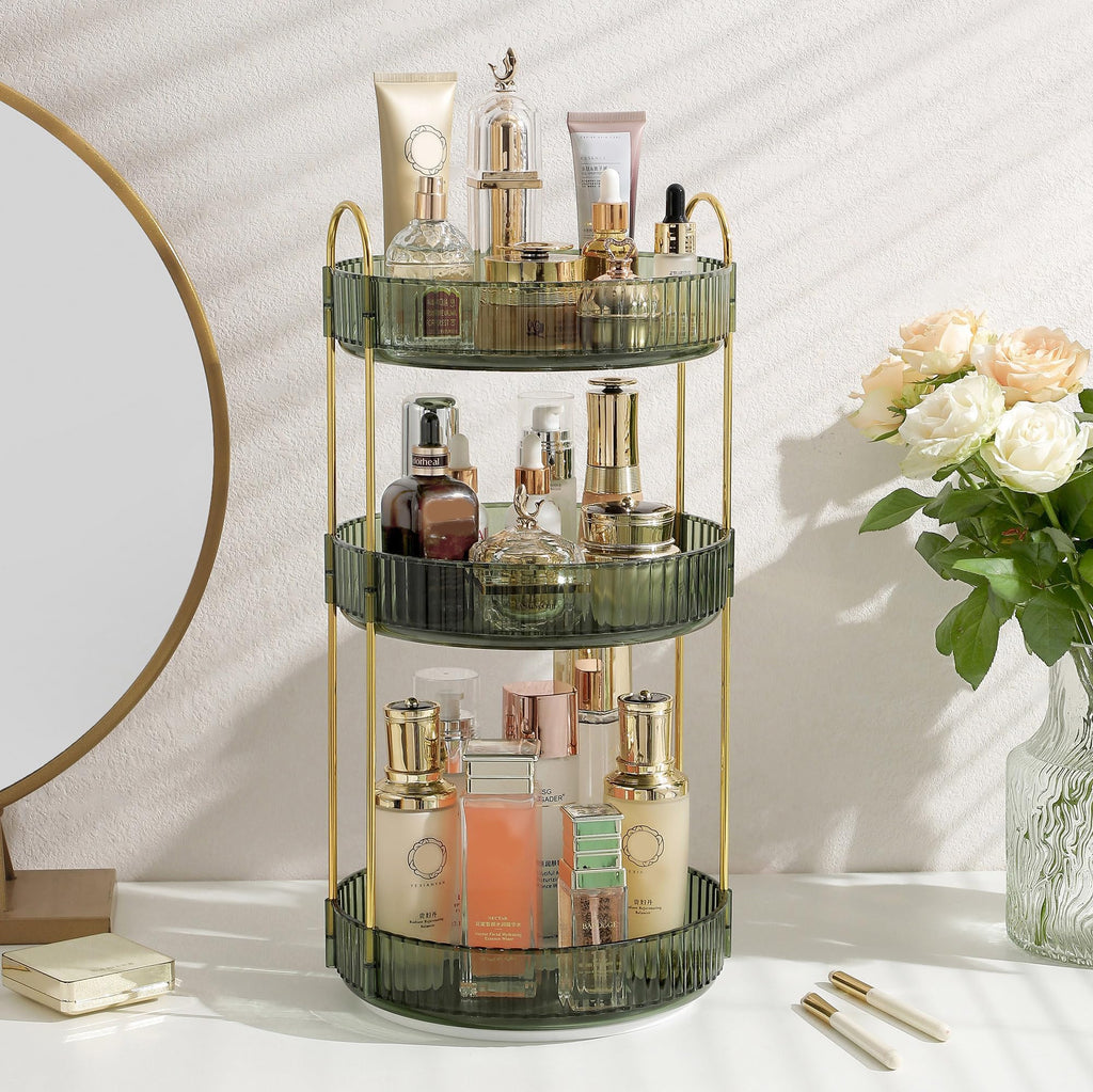 Aveniee 3-Tier 360° Rotating Makeup Organizer, Clear Spinning Perfume Cosmetic Storage for Vanity Countertop, Sturdy Metal Pole Skincare Holder Stand for Bathroom Dresser, White
