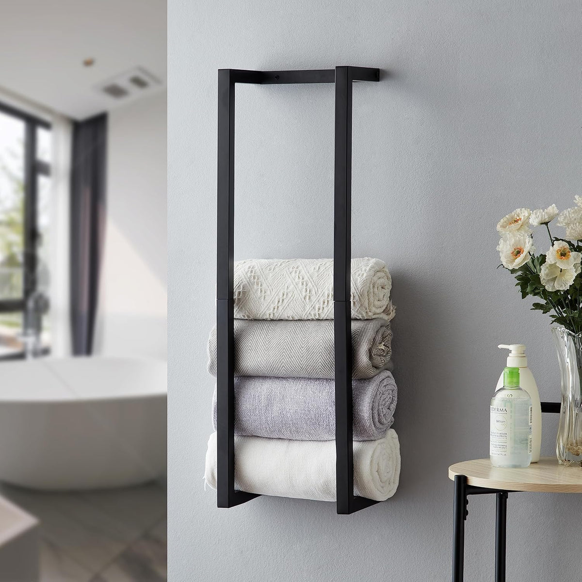 Towel Rack for Rolled Towels, Towel Rack for Bathroom,Wall Mounted Metal Bathroom Organizer, Bath Towel Holder Wall for Modern Small Space Bathroom Towel Storage (Black)