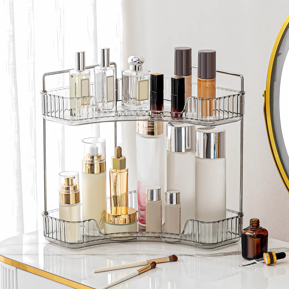 Corner Bathroom Counter Organizer Bathroom Countertop Shelf Makeup Organizer for Vanity Perfume Tray for Corner Storage (2 Tiers, Blue)