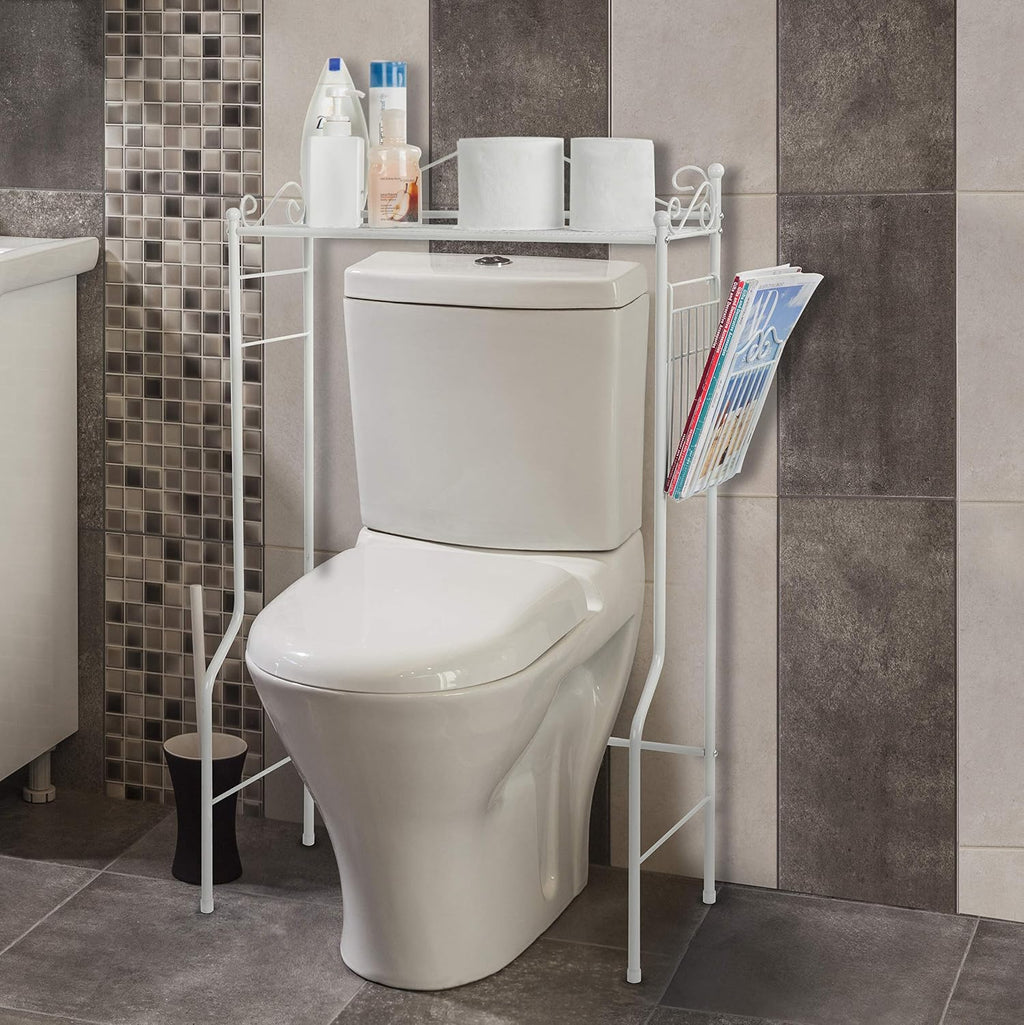 MyGift Over Toilet Storage Shelf with Magazine Basket, White Metal