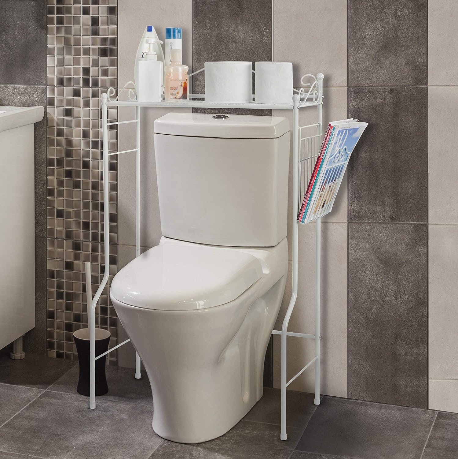 MyGift Over Toilet Storage Shelf with Magazine Basket, White Metal