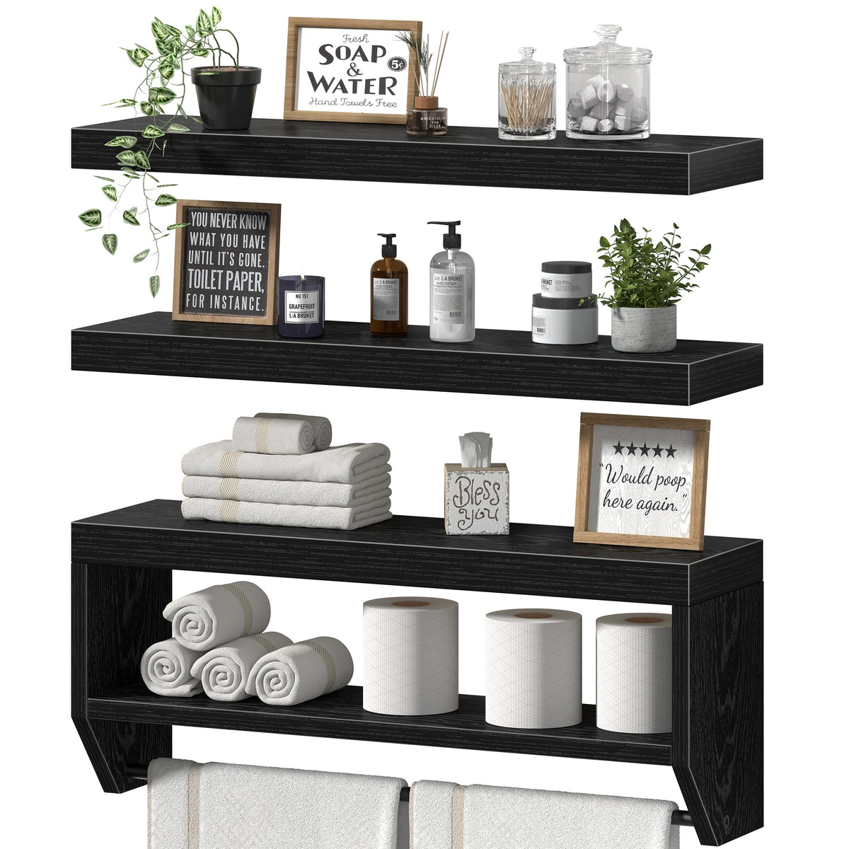 QEEIG Bathroom Wall Shelf Floating Shelves (Black, Set of 3,15.7")