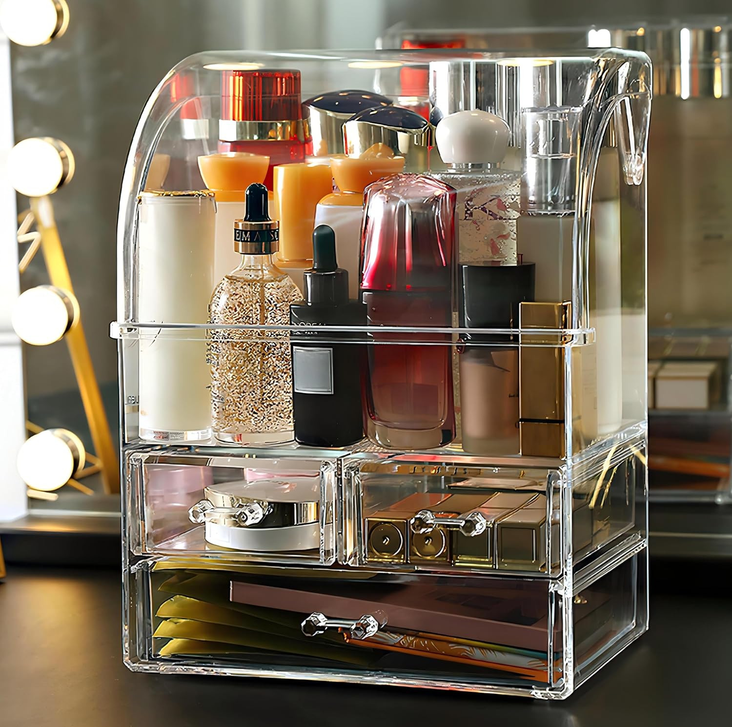 Clear Large Acrylic Makeup Organizer With Lid Cosmetic Storage Drawers Portable Makeup Organizers Dustproof And Waterproof Box For Women