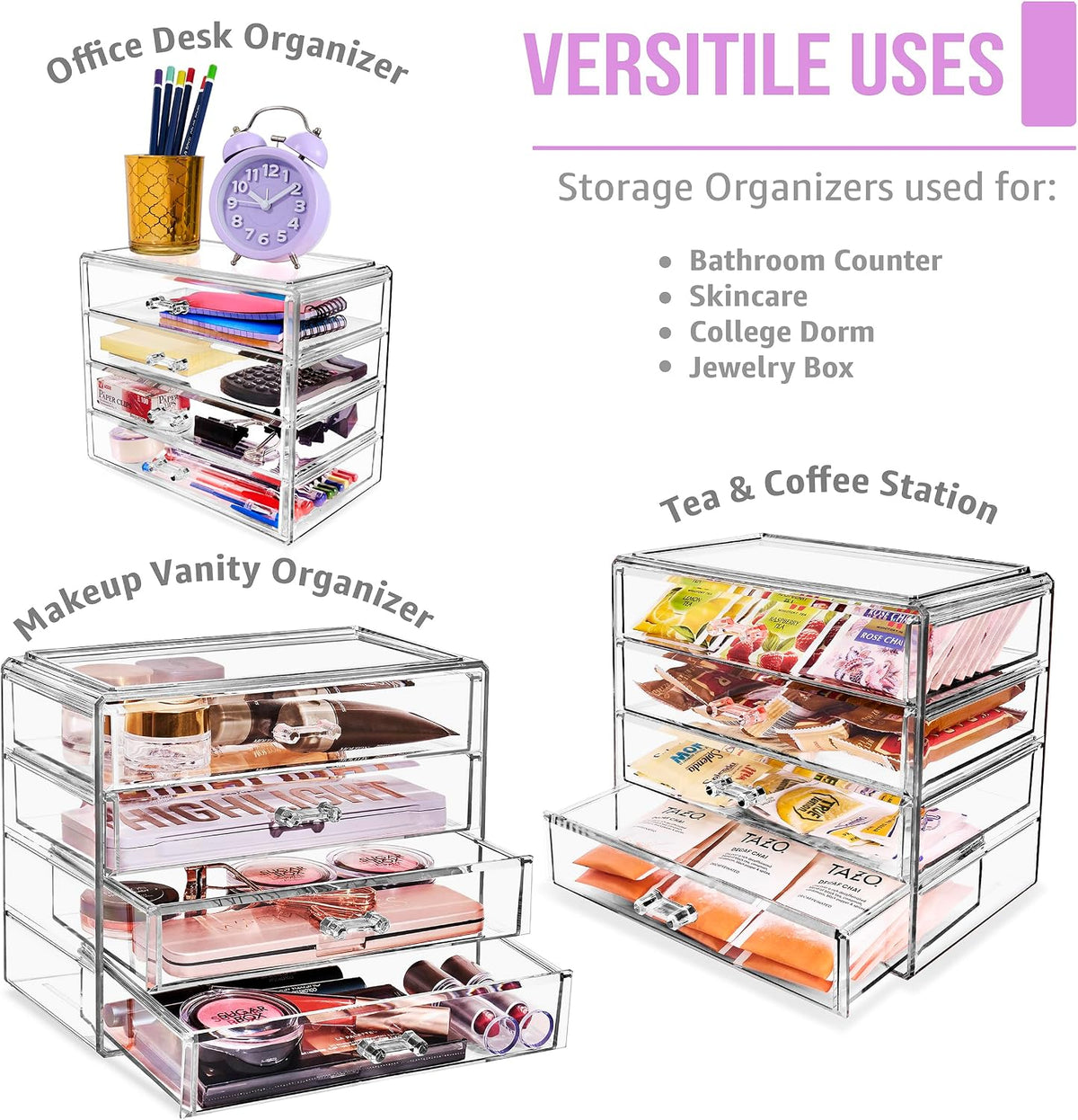 Sorbus Wide 4-Drawer Makeup Organizer Set for Vanity & Countertop (Clear)