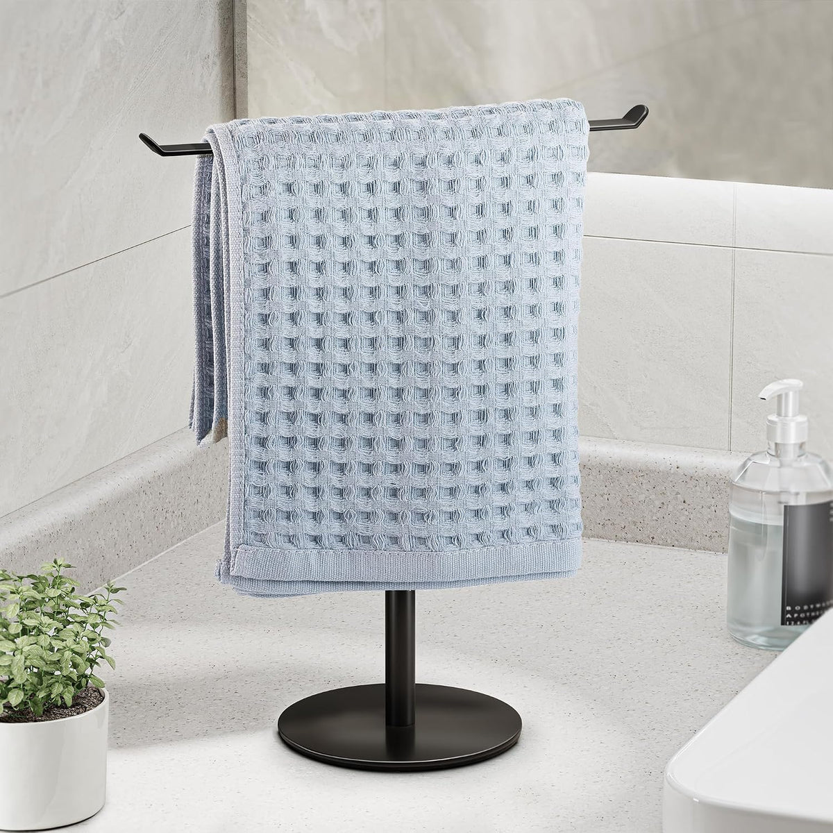 Black T-Shaped Hand Towel Holder Stand for Countertops, Stainless Steel